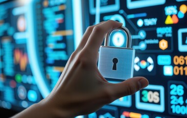 A hand reaching out to hold a floating padlock symbolizing data protection and cybersecurity