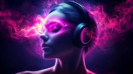 Woman enjoying music with headphones and colorful visual effects at night