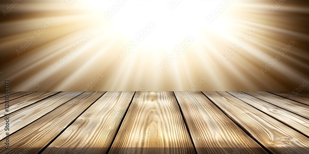 Poster a wooden surface with bright light beams emanating from above, creating a warm and inviting atmosphe