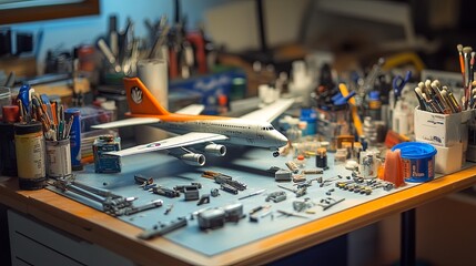 A sparkling model airplane desk with tools, paints, and small parts