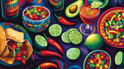 Mexican holiday Cinco de Mayo celebration poster of chili and jalapeno pepper, maracas and tequila. Vector Cinco de Mayo Mexico party lime, avocado and quesadilla with tacos and guacamole