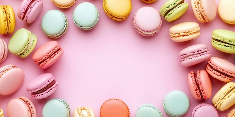Obraz premium Colorful macaron assortment in pastel shades arranged in a circular pattern on a pink background creating a vibrant, inviting composition.