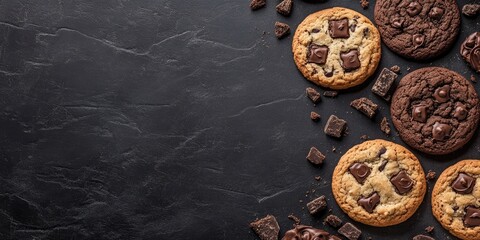 Naklejka premium Chalkboard dark background with an array of chocolate chip cookies and chunks arranged diagonally creating a cozy dessert scene