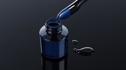 A single bottle of deep blue nail polish, with a drop falling from the brush, placed on a black background.