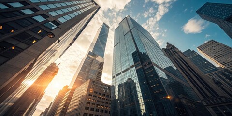 Urban Skyline at Sunset Glass Towers Reflecting Golden Hour Light