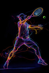 Vivid Neon Outline of Tennis Player in Action with Racket