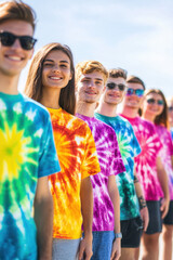 Group of young adults in colorful tie-dye shirts standing in a row outdoors, exuding joy and friendship under a clear blue sky.