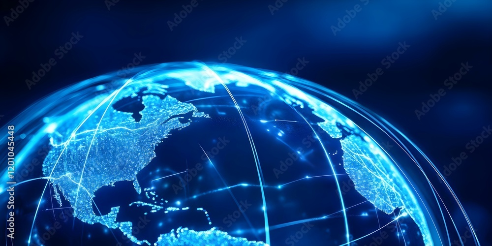 Poster a digitally rendered globe with glowing blue lines representing connectivity and global networks. co