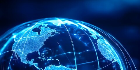Fototapeta premium A digitally rendered globe with glowing blue lines representing connectivity and global networks. Concept Digital Globe, Connectivity Visualization, Global Networks, Blue Light Effects, 3D Rendering