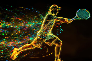 Colorful neon line art depiction of a tennis player swinging their racket energetically under a dark background, showcasing dynamic motion and athleticism. A vibrant representation of sports and energ