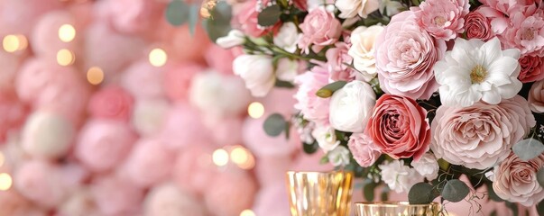 Wedding reception concept. A beautiful bouquet of pink and white flowers surrounded by soft pink decorations.