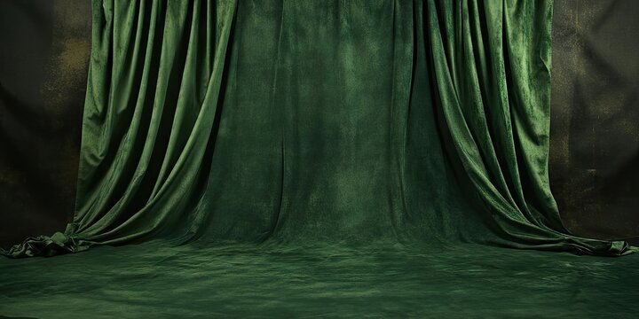 Rich dark green velvet backdrop cascading from the top with smooth texture creating an elegant surface for photography or gaming setups.