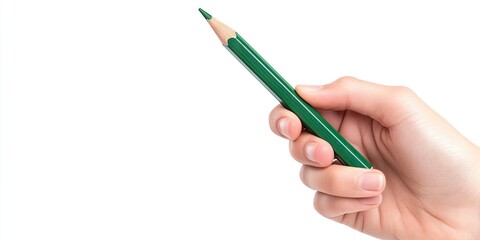 Green pencil with eraser held in a hand on the right side against a white background featuring ample copy space on the left for text or design