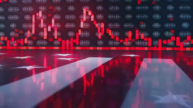 video of Financial crisis. Decrease in US stock values. Downturn in America's GDP growth. Descending graph against the backdrop of the USA flag. Economic downturn in America