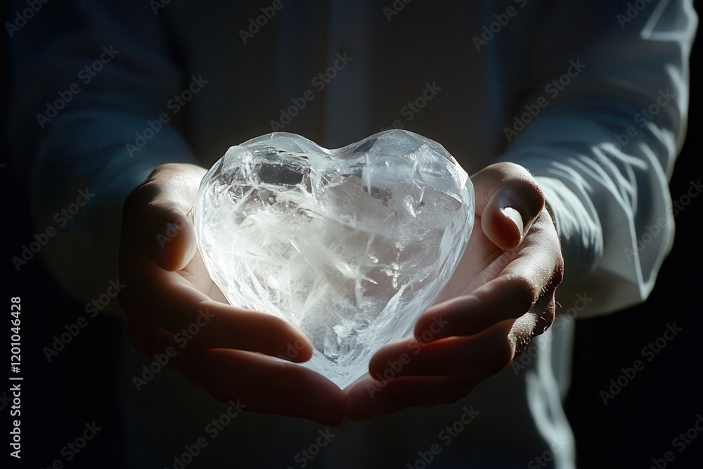 Poster fragile ice heart held in gentle hands