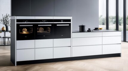 A stylish, modern kitchen with a focus on functionality, featuring high-tech appliances and a sleek, open design.
