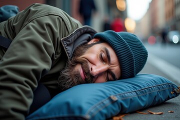 Obraz premium Man Sleeping on Street Pavement with Blue Pillow