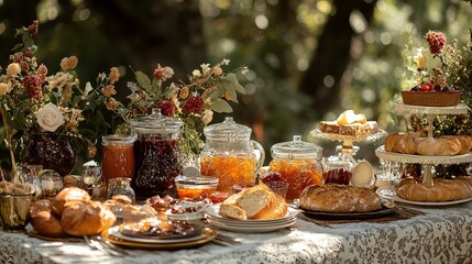 Naklejka premium A sparkling outdoor picnic table with handmade preserves and fresh bread