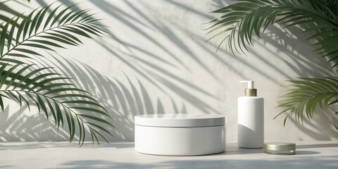 Fototapeta premium Serene Minimalist Product Display with Tropical Foliage and Sunlight Shadows