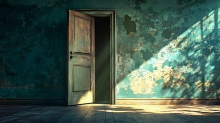 A weathered door ajar in a teal room