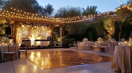 A sparkling outdoor prom setup with a dance floor, DJ booth, and elegant tables