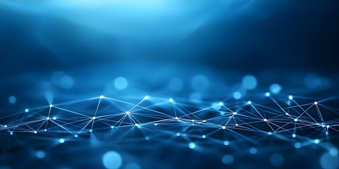 A digital abstract representation featuring interconnected lines and glowing nodes against a blue background, suggesting networks or technology. Concept Abstract Digital Art, Interconnected Lines