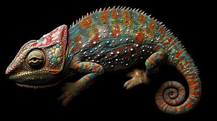 Obraz premium Colorful chameleon studio shot, vibrant scales, black background, exotic pet