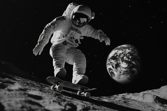 A visually striking image of an astronaut performing a skateboarding trick on the moon while Earth appears prominently in the distance, depicting a surreal combination of sports and space exploration.