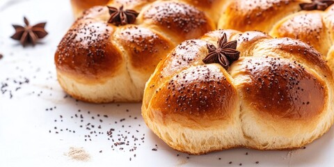 Golden Moroccan brioche buns with star anise on a white background, showcasing their rich texture and sweet sprinkle for festive baking ideas.