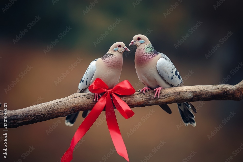 Poster two doves sit closely on a weathered branch, their feathers displaying soft hues. a bright red ribbo