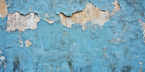 Obraz premium Peeling blue paint on a weathered wall with textured layers of faded colors and cracks showcasing a vintage, rustic aesthetic.