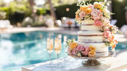 A sparkling poolside bridal shower with floral decorations, cocktails, and a tiered cake