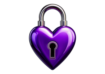 Purple heart as a lock isolated on transparent or white background