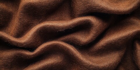Closeup of soft burnt umber brown felt fabric showcasing delicate folds and texture against a dark background highlighting its rich hues and warmth.