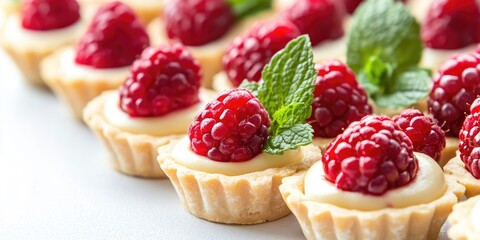 Mini tarts with shortcrust pastry filled with raspberry and vanilla custard topped with fresh mint leaves arranged on a white background.