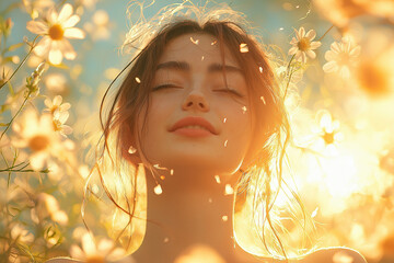 Fototapeta premium A cheerful person outdoors in a spring setting, enjoying the warm sunshine, surrounded by fresh flowers and greenery, with golden light illuminating the scene.