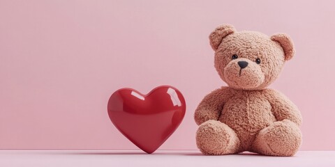 Obraz premium Romantic teddy bear and glossy red heart on a soft pink tabletop background creating a warm and inviting atmosphere of love and affection.