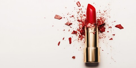 Red lipstick broke apart in golden case with red shards on white background showcasing smeared texture ideal for beauty and cosmetic themes