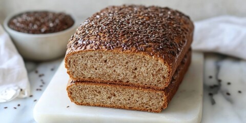 Homemade low carbohydrate Dukan bread with a golden brown crust topped with flax seeds sliced on a white marble cutting board with a bowl in background