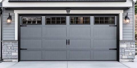Modern gray garage door with black metal fittings, four windows, stone accents, lit by two wall sconces, set against a light gray house exterior.