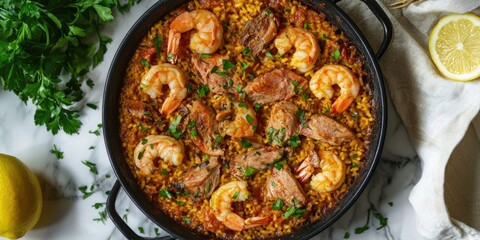 Vibrant homemade paella featuring tuna and prawns arranged atop saffron rice garnished with parsley on a marbled surface with lemon slices.