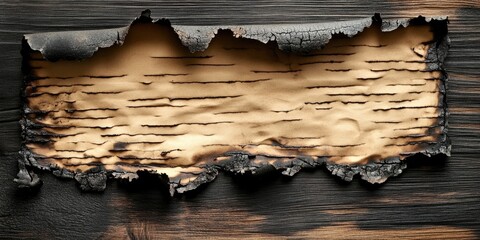 Burnt parchment paper with charred edges displayed on a textured wooden background highlighting home insurance text theme and damage representation