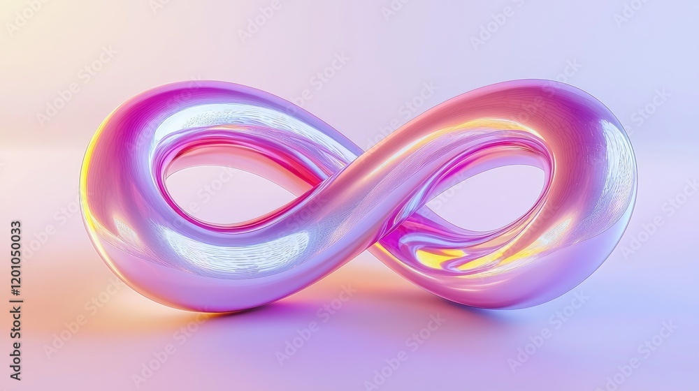 Poster infinite loop 3d render of a polished, iridescent pink mobius strip against a soft, pastel backgroun