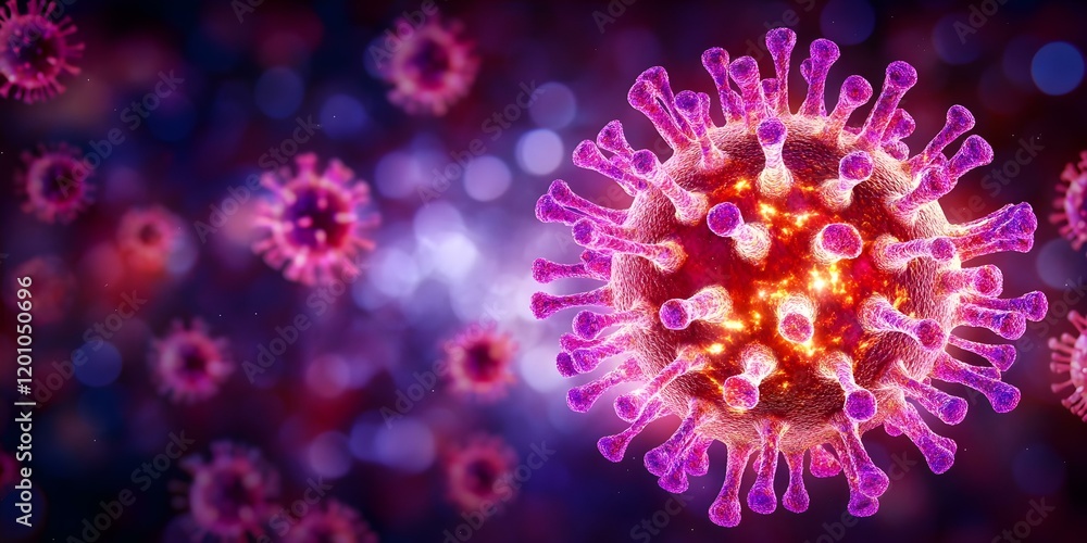 Poster a visual representation of a virus, highlighting its structure with spikes and a colorful, dynamic b