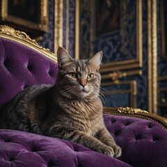 A regal purple cat with a small crown sitting on a velvet cushion in a royal palace.