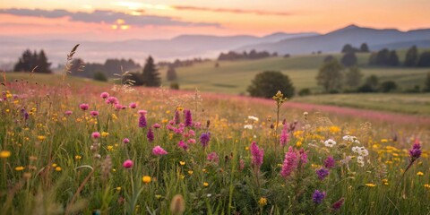 Fototapeta premium A vibrant wildflower meadow bathed in the golden hues of a picturesque sunset, showcasing a diverse array of blossoms and grasses, creating a breathtaking natural landscape.