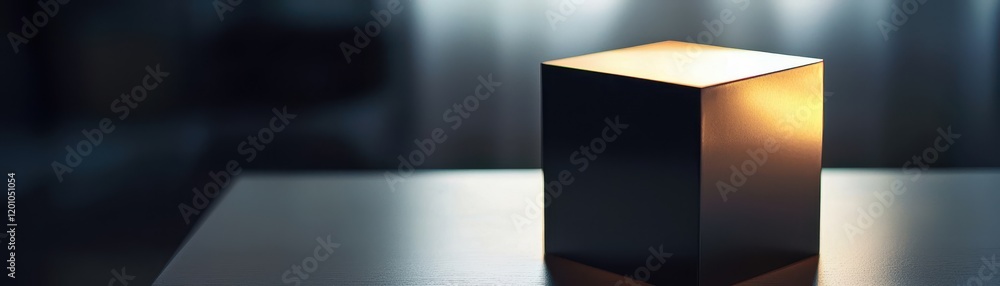 Poster a sleek, dark cube sits on a reflective surface, illuminated by soft light, creating an intriguing c