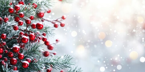 Snowy Christmas background with vibrant red berries on evergreen branches, softly blurred lights in the background creating a festive atmosphere.