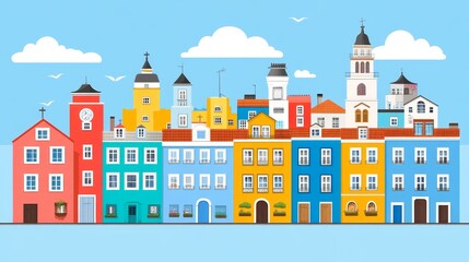 Naklejka premium Vibrant Coastal Town Skyline with Colorful Buildings and Cloudy Sky