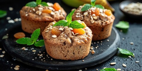 Vegan muffins on a black plate topped with mint and seeds, featuring oats, banana, and apricots, set against a dark background with green mint leaves.